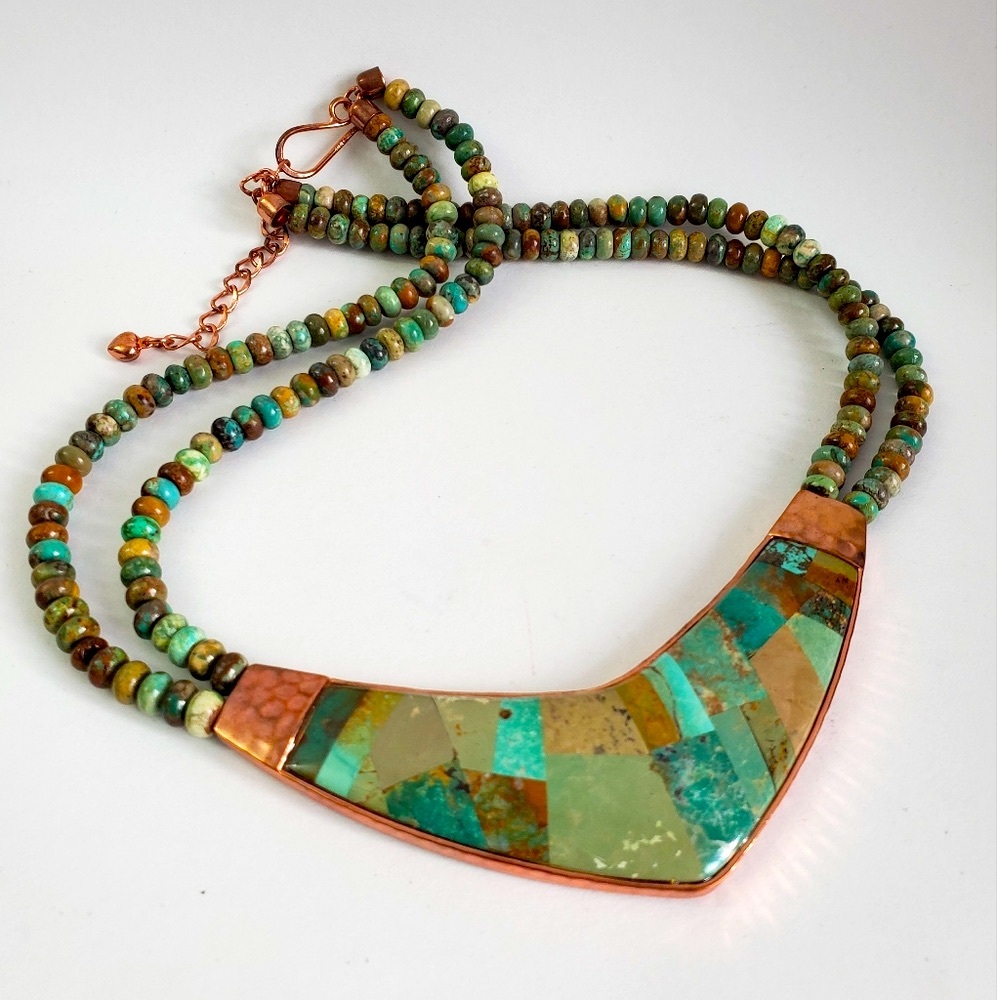 Copper Gold Turquoise Inlaid Native Necklace - Picture 2 of 9